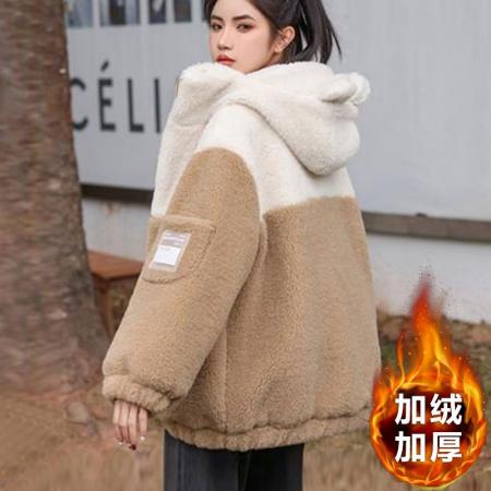 FA50910# 颗粒绒复奥粒绒冬季加绒加厚羊羔绒连帽外套卫衣 服裝批發女裝批發服飾貨源
