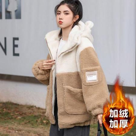 FA50910# 颗粒绒复奥粒绒冬季加绒加厚羊羔绒连帽外套卫衣 服裝批發女裝批發服飾貨源