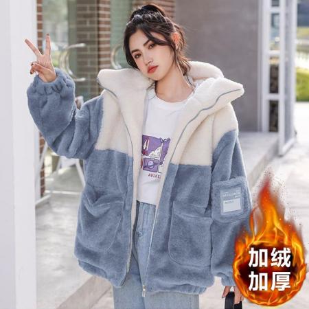 FA50910# 颗粒绒复奥粒绒冬季加绒加厚羊羔绒连帽外套卫衣 服裝批發女裝批發服飾貨源