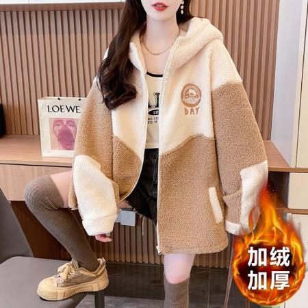 FA50911# 颗粒绒复奥粒绒冬季加绒加厚羊羔绒连帽外套卫衣 服裝批發女裝批發服飾貨源