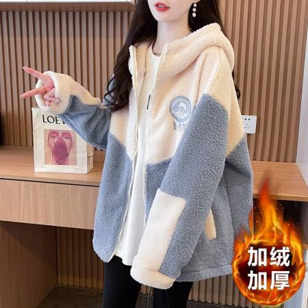 FA50911# 颗粒绒复奥粒绒冬季加绒加厚羊羔绒连帽外套卫衣 服裝批發女裝批發服飾貨源