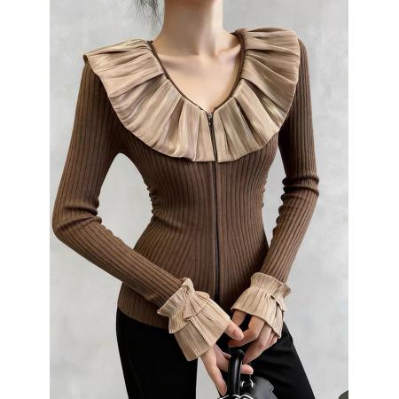 FA50913# 秋季绝美巨好看小上衣轻熟小众设计气质高级感修身显瘦咖色针织衫 服裝批發女裝批發服飾貨源