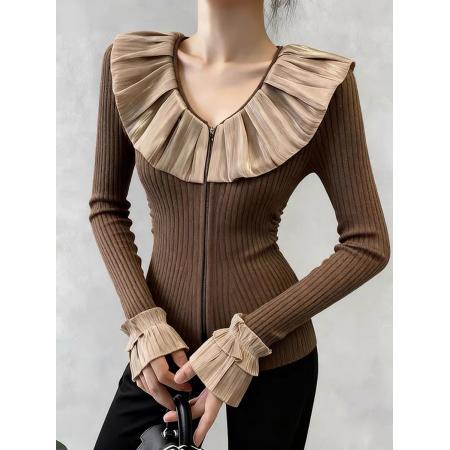 FA50913# 秋季绝美巨好看小上衣轻熟小众设计气质高级感修身显瘦咖色针织衫 服裝批發女裝批發服飾貨源