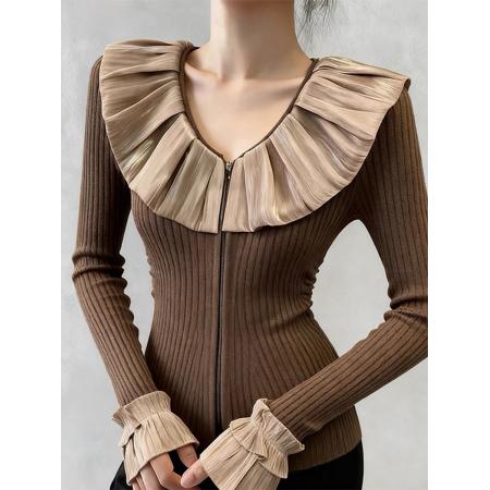 FA50913# 秋季绝美巨好看小上衣轻熟小众设计气质高级感修身显瘦咖色针织衫 服裝批發女裝批發服飾貨源