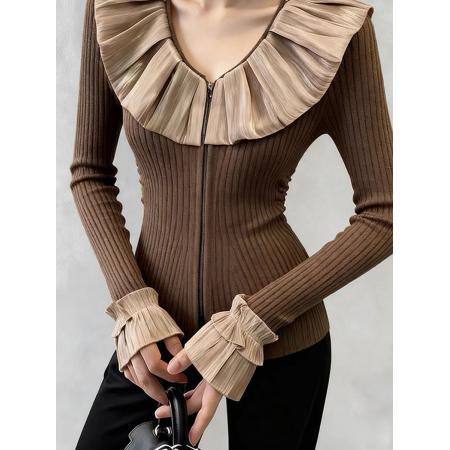 FA50913# 秋季绝美巨好看小上衣轻熟小众设计气质高级感修身显瘦咖色针织衫 服裝批發女裝批發服飾貨源