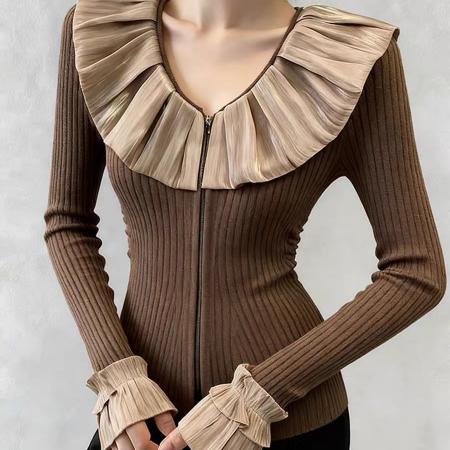 FA50913# 秋季绝美巨好看小上衣轻熟小众设计气质高级感修身显瘦咖色针织衫 服裝批發女裝批發服飾貨源