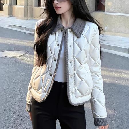 FA50916# 白色撞色外套新款冬季高端时髦洋气设计感夹棉加厚小香风棉衣 服裝批發女裝批發服飾貨源