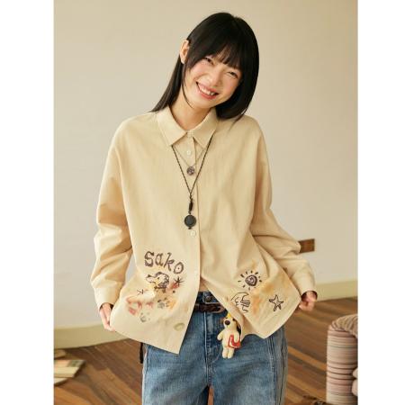 FA50918# 韩国chic美式复古小狗印花衬衫女春秋新款休闲宽松衬衣薄外套潮 服裝批發女裝批發服飾貨源