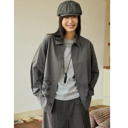 FA50918# 韩国chic美式复古小狗印花衬衫女春秋新款休闲宽松衬衣薄外套潮 服裝批發女裝批發服飾貨源