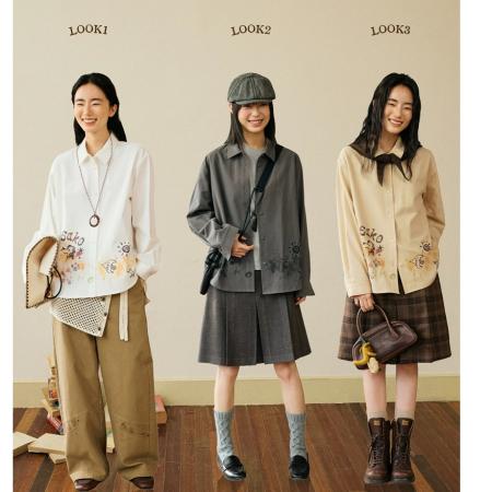 FA50918# 韩国chic美式复古小狗印花衬衫女春秋新款休闲宽松衬衣薄外套潮 服裝批發女裝批發服飾貨源