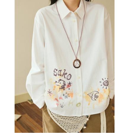 FA50918# 韩国chic美式复古小狗印花衬衫女春秋新款休闲宽松衬衣薄外套潮 服裝批發女裝批發服飾貨源