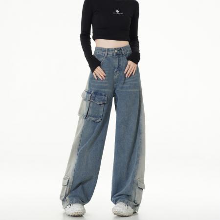 FA50920# 新款重工立体口袋美式复古水洗黄直筒工装酷帅牛仔裤女阔腿裤 服裝批發女裝批發服飾貨源