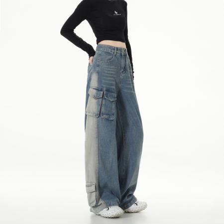 FA50920# 新款重工立体口袋美式复古水洗黄直筒工装酷帅牛仔裤女阔腿裤 服裝批發女裝批發服飾貨源