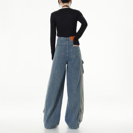 FA50920# 新款重工立体口袋美式复古水洗黄直筒工装酷帅牛仔裤女阔腿裤 服裝批發女裝批發服飾貨源