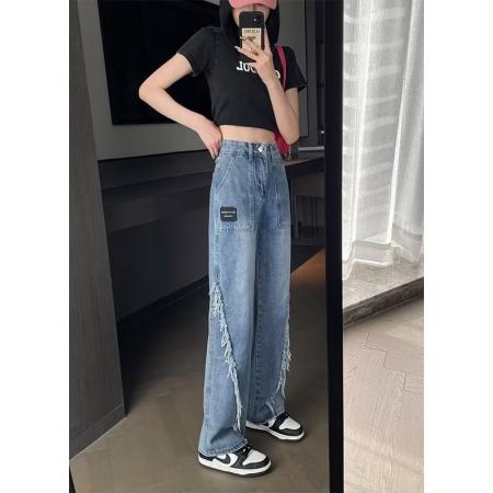 FA50922# 设计感毛边牛仔裤女春秋新款大码高腰直筒长裤宽松显瘦阔腿裤子潮 服裝批發女裝批發服飾貨源