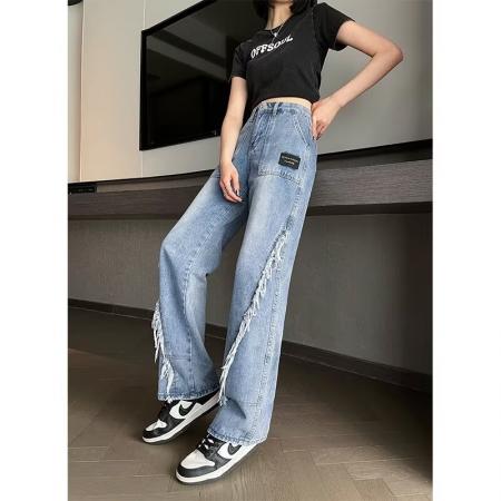FA50922# 设计感毛边牛仔裤女春秋新款大码高腰直筒长裤宽松显瘦阔腿裤子潮 服裝批發女裝批發服飾貨源