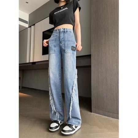 FA50922# 设计感毛边牛仔裤女春秋新款大码高腰直筒长裤宽松显瘦阔腿裤子潮 服裝批發女裝批發服飾貨源