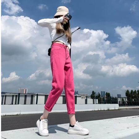 FA50923# 小众设计感牛仔裤女玫红色裤子大码胖mm辣妹宽松显瘦高腰九分裤潮 服裝批發女裝批發服飾貨源