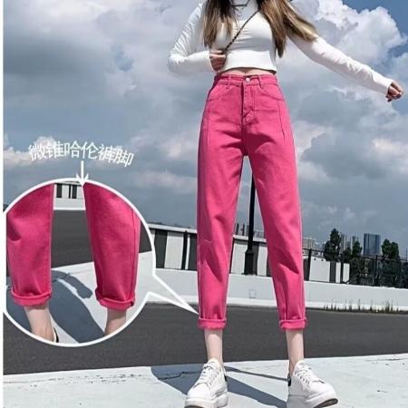 FA50923# 小众设计感牛仔裤女玫红色裤子大码胖mm辣妹宽松显瘦高腰九分裤潮 服裝批發女裝批發服飾貨源