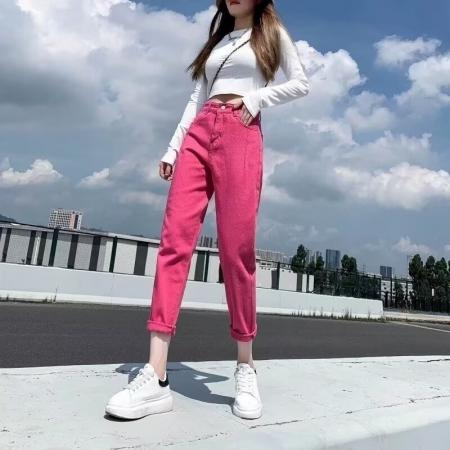 FA50923# 小众设计感牛仔裤女玫红色裤子大码胖mm辣妹宽松显瘦高腰九分裤潮 服裝批發女裝批發服飾貨源