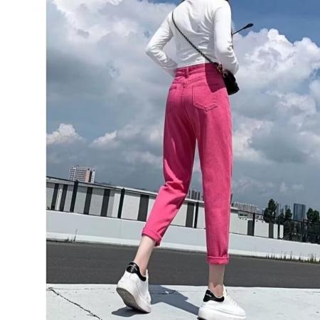 FA50923# 小众设计感牛仔裤女玫红色裤子大码胖mm辣妹宽松显瘦高腰九分裤潮 服裝批發女裝批發服飾貨源