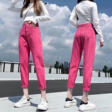 FA50923# 小众设计感牛仔裤女玫红色裤子大码胖mm辣妹宽松显瘦高腰九分裤潮 服裝批發女裝批發服飾貨源