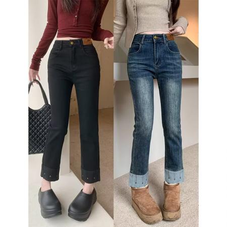 FA50924# 小众设计感高腰弹力直筒法棍牛仔裤女春秋季显瘦小个子九分烟管裤 服裝批發女裝批發服飾貨源