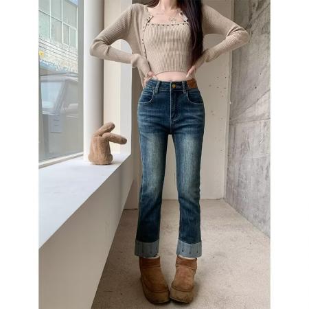 FA50924# 小众设计感高腰弹力直筒法棍牛仔裤女春秋季显瘦小个子九分烟管裤 服裝批發女裝批發服飾貨源