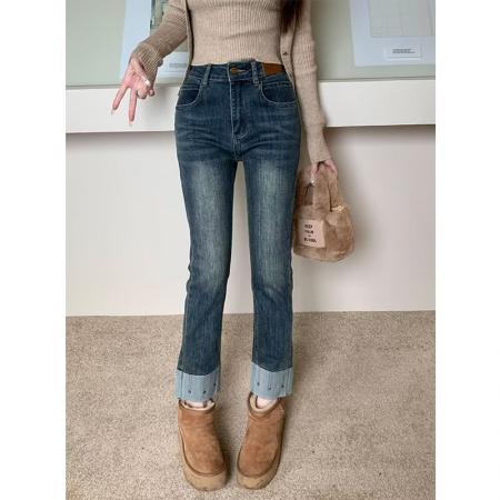 FA50924# 小众设计感高腰弹力直筒法棍牛仔裤女春秋季显瘦小个子九分烟管裤 服裝批發女裝批發服飾貨源