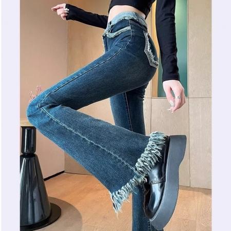 FA50925# 毛边流苏喇叭裤女年春秋季新款显瘦小个子拖地微喇牛仔裤 服裝批發女裝批發服飾貨源