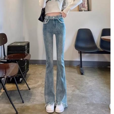 FA50925# 毛边流苏喇叭裤女年春秋季新款显瘦小个子拖地微喇牛仔裤 服裝批發女裝批發服飾貨源