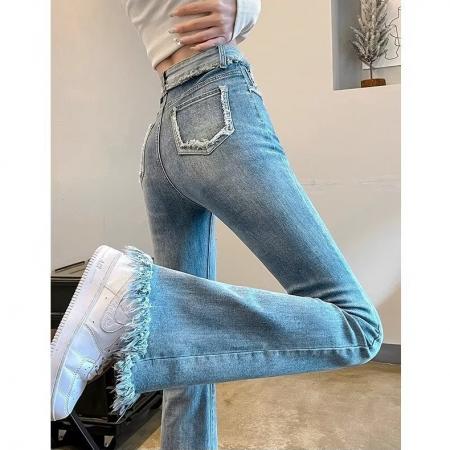 FA50925# 毛边流苏喇叭裤女年春秋季新款显瘦小个子拖地微喇牛仔裤 服裝批發女裝批發服飾貨源