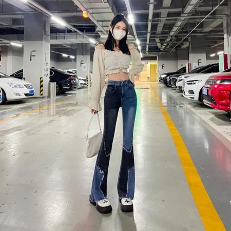 FA50926# 韩版拼接牛仔裤潮夏季时尚百搭弹力垂感裤子修身高腰显瘦喇叭裤女 服裝批發女裝批發服飾貨源