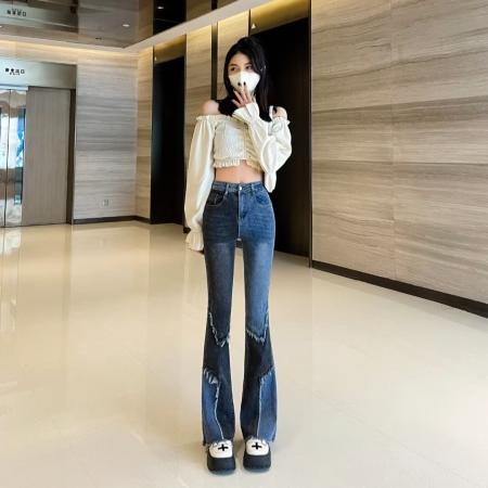 FA50926# 韩版拼接牛仔裤潮夏季时尚百搭弹力垂感裤子修身高腰显瘦喇叭裤女 服裝批發女裝批發服飾貨源