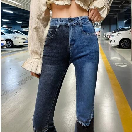 FA50926# 韩版拼接牛仔裤潮夏季时尚百搭弹力垂感裤子修身高腰显瘦喇叭裤女 服裝批發女裝批發服飾貨源