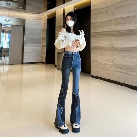 FA50926# 韩版拼接牛仔裤潮夏季时尚百搭弹力垂感裤子修身高腰显瘦喇叭裤女 服裝批發女裝批發服飾貨源