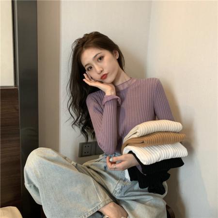 FA50928# 韩版百搭包芯纱蕾丝网纱拼接坑条针织衫长袖打底衫上衣 服裝批發女裝批發服飾貨源
