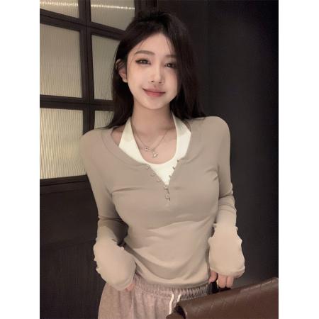 FA50929# 撞色假两件纽扣打底长袖T恤修身显瘦短款气质上衣 服裝批發女裝批發服飾貨源