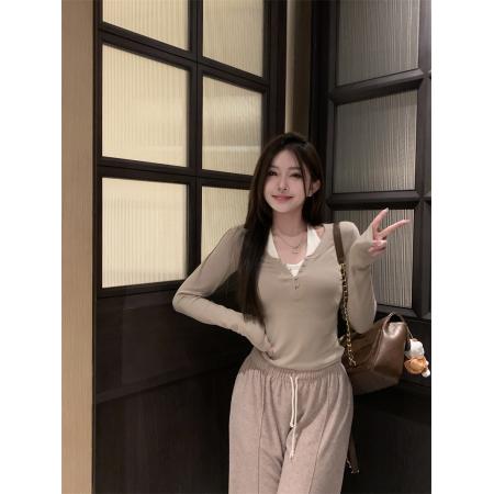 FA50929# 撞色假两件纽扣打底长袖T恤修身显瘦短款气质上衣 服裝批發女裝批發服飾貨源