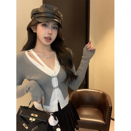 FA50932# 长短款假两件不规则设计感长袖针织开衫上衣女辣妹毛衣 服裝批發女裝批發服飾貨源