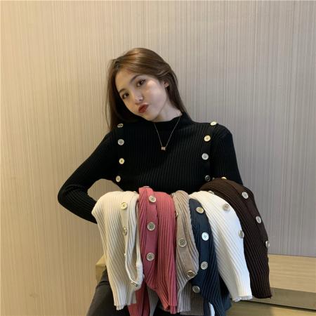 FA50934# 秋冬新款纯色半高领显瘦纽扣针织衫修身打底毛衣 服裝批發女裝批發服飾貨源