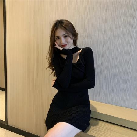 FA50938# 性感气质挂脖针织镂空设计百搭修身包臀连衣裙 服裝批發女裝批發服飾貨源