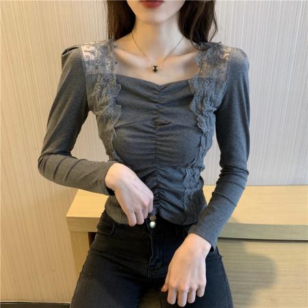 FA50939# 锁骨心机设计感性感蕾丝拼接气质方领女长袖内搭上衣 服裝批發女裝批發服飾貨源