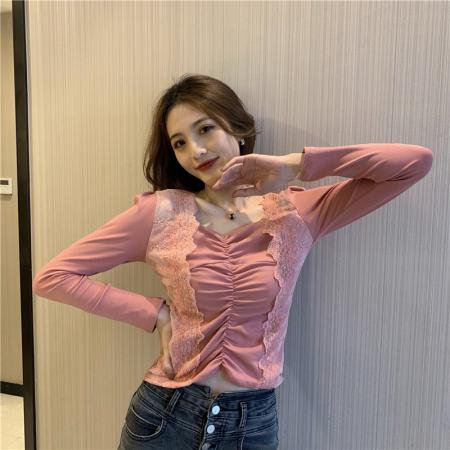 FA50939# 锁骨心机设计感性感蕾丝拼接气质方领女长袖内搭上衣 服裝批發女裝批發服飾貨源