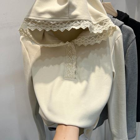 FA50940# 设计感蕾丝花边拼接双面德绒连帽卫衣女秋冬加厚磨毛打底帽衫上衣 服裝批發女裝批發服飾貨源