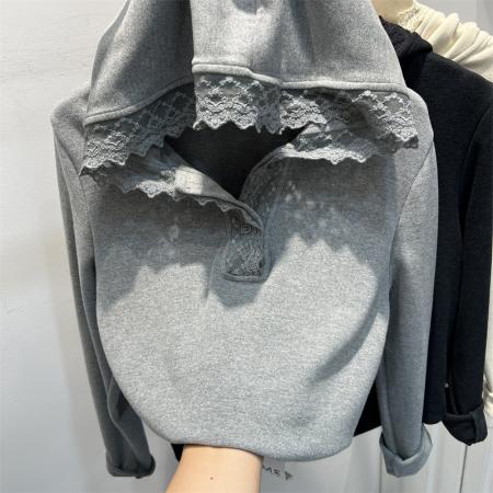 FA50940# 设计感蕾丝花边拼接双面德绒连帽卫衣女秋冬加厚磨毛打底帽衫上衣 服裝批發女裝批發服飾貨源