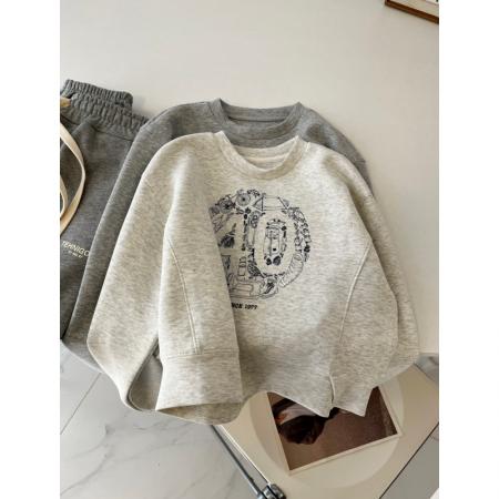 FA50941# 洋气白花灰色短款小个子卫衣女美式宽松圆领印花春秋休闲百搭上衣 服裝批發女裝批發服飾貨源