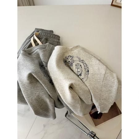 FA50941# 洋气白花灰色短款小个子卫衣女美式宽松圆领印花春秋休闲百搭上衣 服裝批發女裝批發服飾貨源