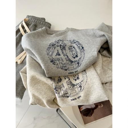 FA50941# 洋气白花灰色短款小个子卫衣女美式宽松圆领印花春秋休闲百搭上衣 服裝批發女裝批發服飾貨源