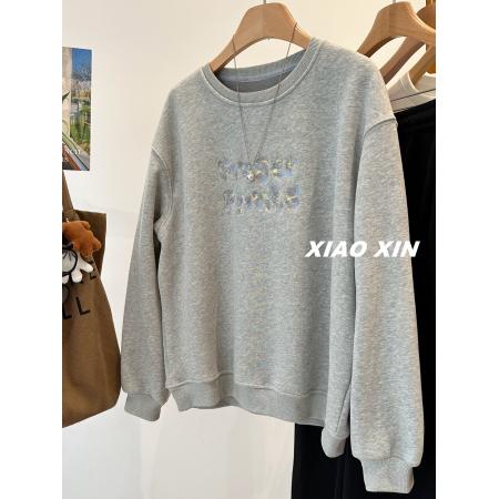 FA50943# 华棉复合超柔大码300斤彩色字母刺绣加绒圆领卫衣女宽松保暖上衣 服裝批發女裝批發服飾貨源